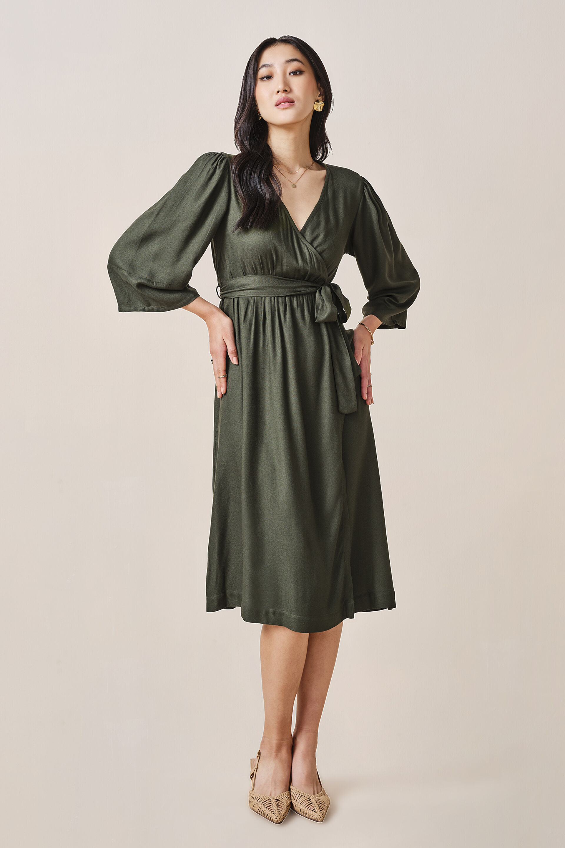 Olivia Viscose Dress, Olive, image 3